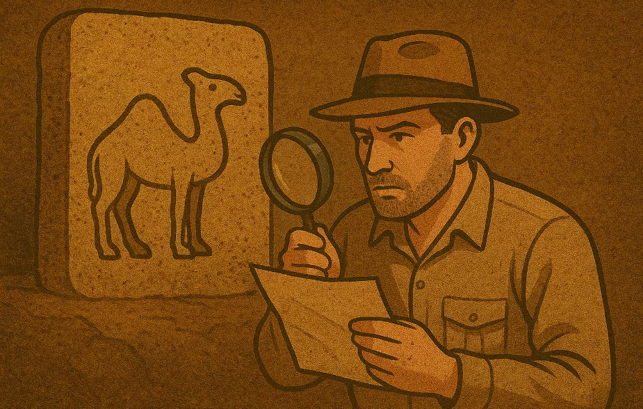 تصویری کارتونی از مردی که ذره بینی در دست دارد و مشغول خواندن یک متن است؛ تصویری از یک نماد شتر هم روی دیوار دیده می شود.