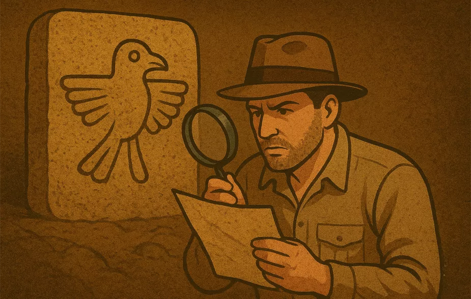 تصویری کارتونی از مردی که ذره بینی در دست دارد و مشغول خواندن یک متن است؛ تصویری از یک نماد پرنده هم روی دیوار دیده می شود.