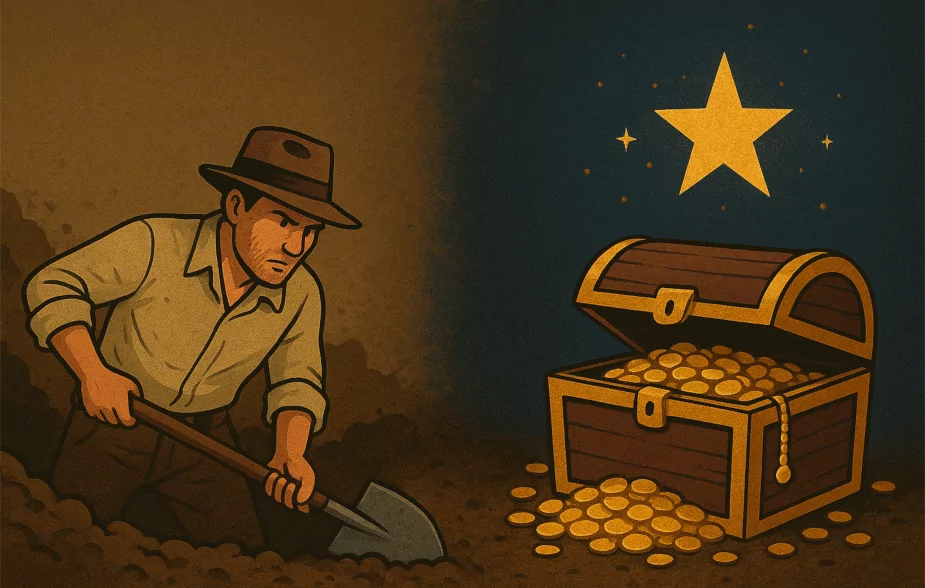 تصویری کارتونی از مردی در سمت چپ که در حال کندن گودالی برای دفینه یابی و گنج یابی است و تصویری از یک صندوق گنج در سمت چپ